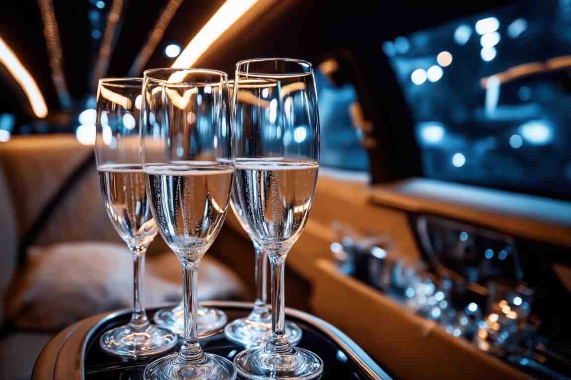 Wine Tours four champagne glasses filled with sparkling wine sit small table inside luxurious vehicle with ambient lighting blurred background 1 Wine Tours
